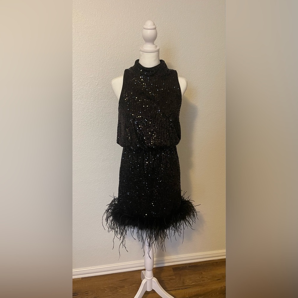 Eliza J
Women's Feather-Trim Sequin Mock-Neck Dress